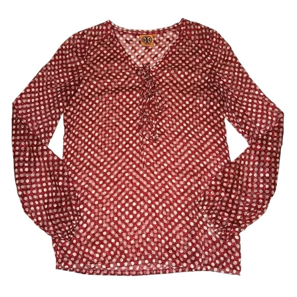 Tory Burch Sheer Silk Blend Polka Dot Blouse Red Metallic Embroidered Top Sz 6